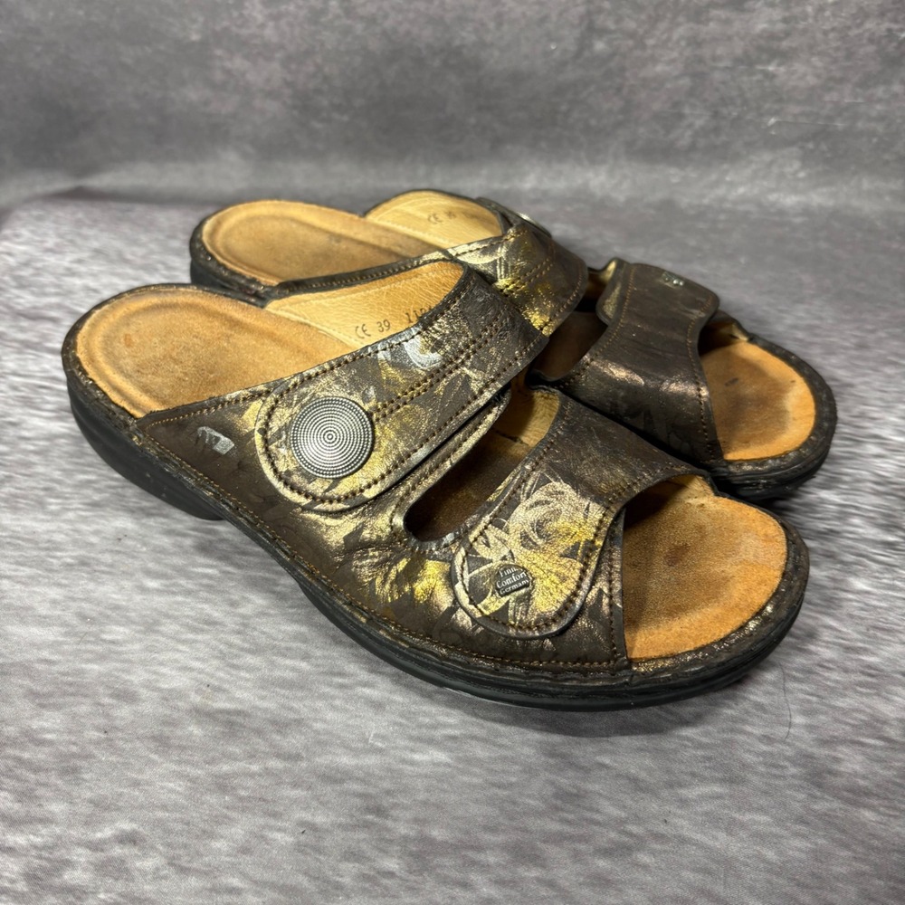 Finn Comfort Sansibar Metallic Bronze Gold Floral Slide Sandals Size 39